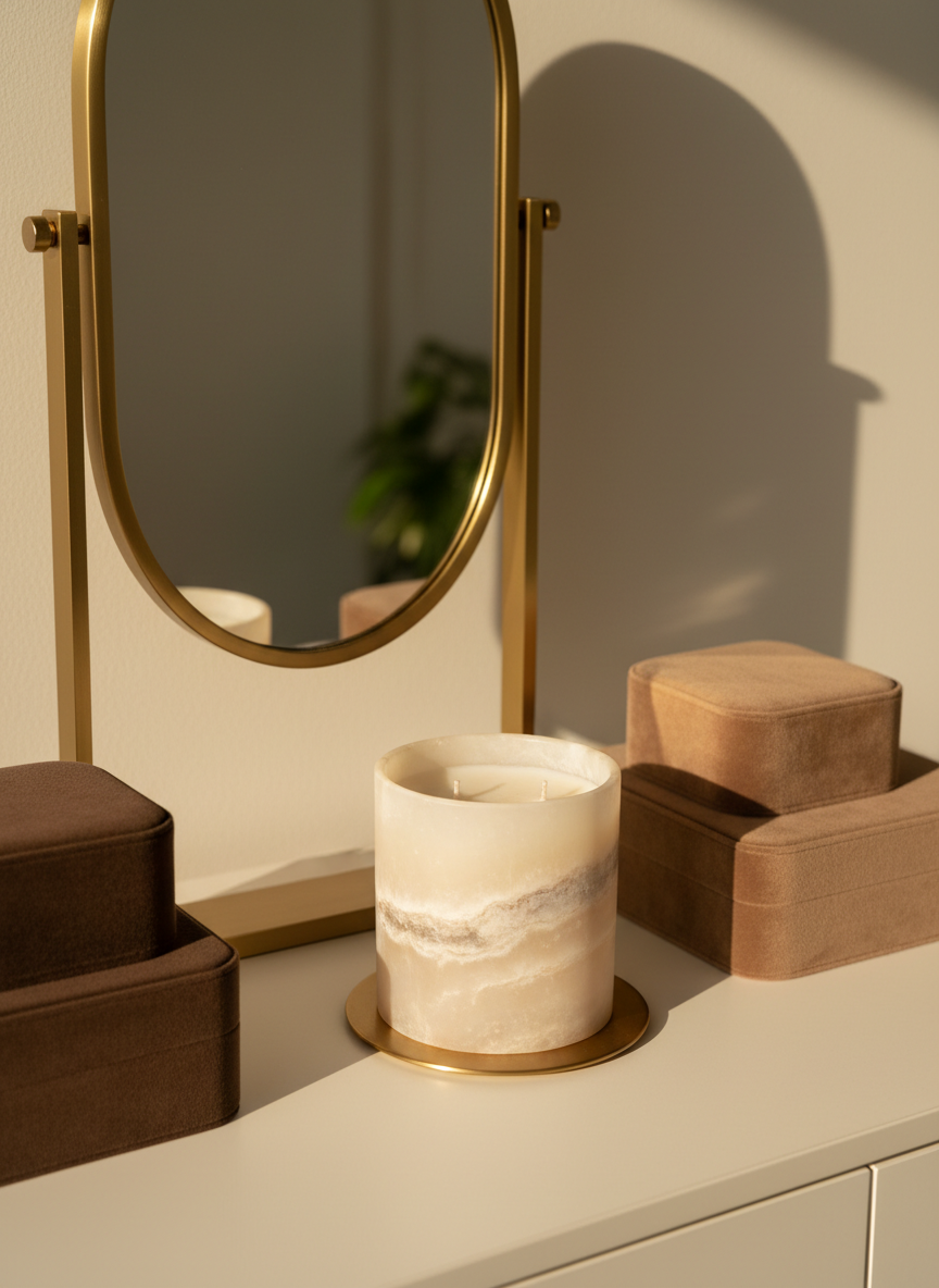A sophisticated dressing table scene in photographic realism, centered on a single luxurious scented candle as the focal point. The candle rests in a heavy, opaque alabaster vessel with subtle veining, set on a slim brass coaster. Around it, closed velvet-covered jewelry boxes in deep espresso and warm taupe tones are staggered in height, supporting a balanced composition. A polished oval mirror with a thin metal frame reflects a blurred, neutral-toned wall and a hint of greenery, providing depth without distraction. Warm golden hour light from the right side renders the candle’s wax surface creamy and dimensional, casting soft, layered shadows. Captured from an eye-level angle, the atmosphere is intimate, contemplative, and unmistakably high-end.